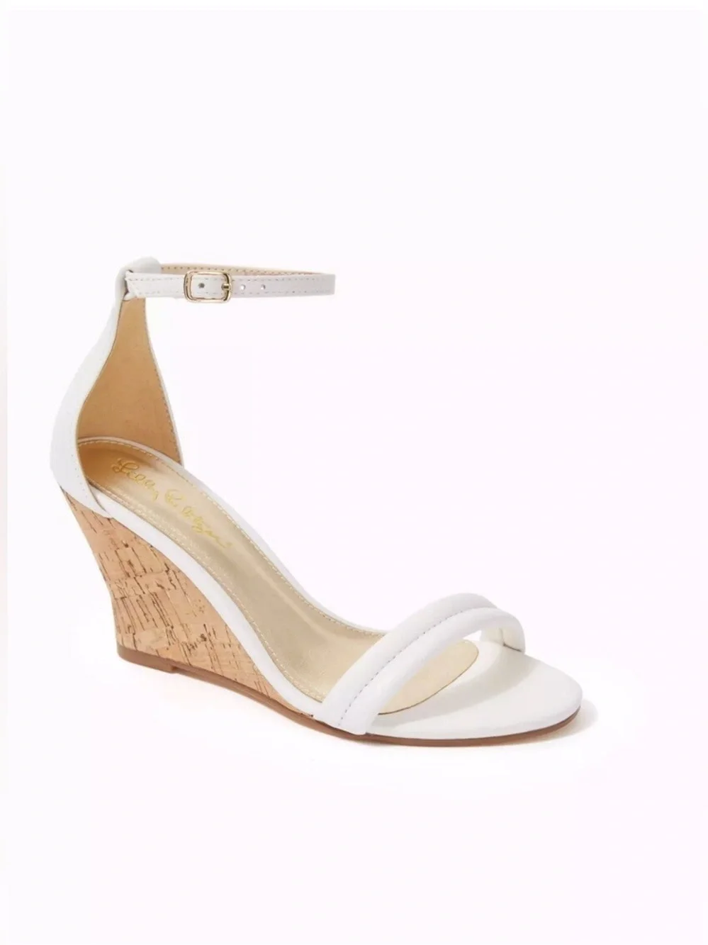 Lilly Pulitzer Jenna Wedge Resort White Ankle Strap Sandals Cork Wedge Size 6.5M